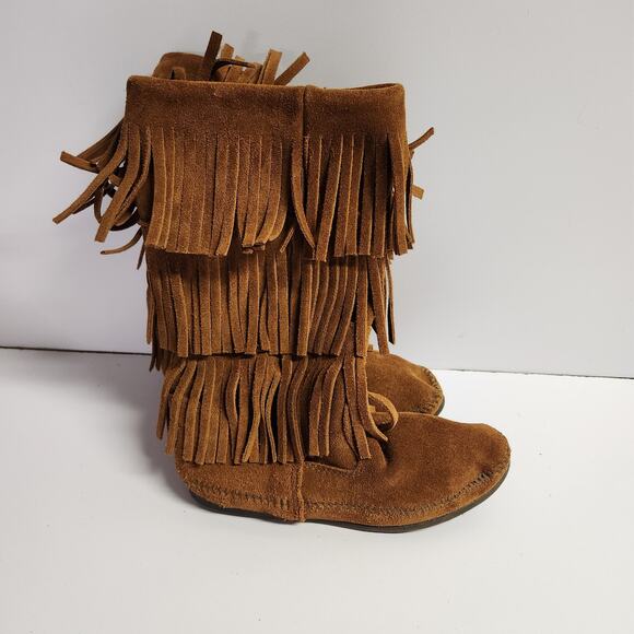 Minnetonka 3 Layer Brown Leather Fringe Tassel  Hippie women boots - Picture 1 of 6